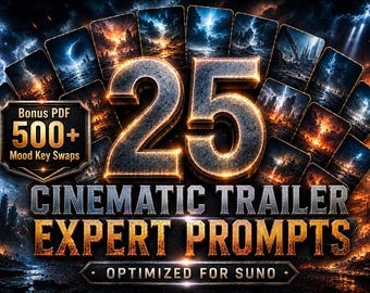 May include: A digital graphic with a dark, cinematic theme. The number "25" is prominently displayed in a metallic, glowing font. Text includes "Cinematic Trailer Expert Prompts" and "Optimized for Suno". Background features lightning and cityscapes.