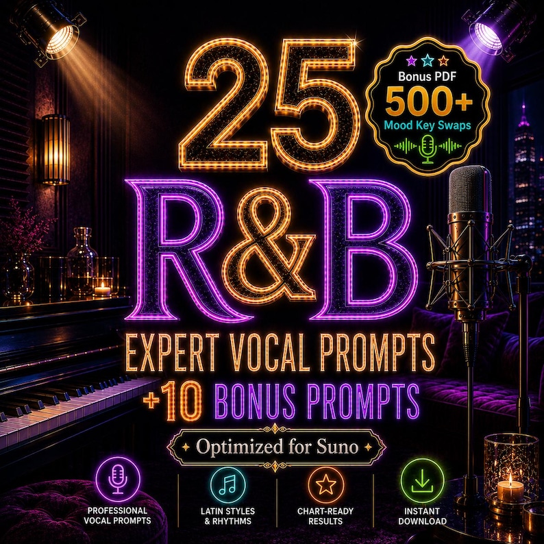 May include: A digital graphic featuring the text 25 R&B EXPERT VOCAL PROMPTS + 10 BONUS PROMPTS in glowing orange and purple neon letters. The image includes a microphone on a stand, a piano, and icons for professional vocal prompts and downloads.