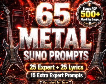 Pacchetto di prompt Metal Suno / 25 prompt esperti + 25 prompt basati sui testi + 15 prompt esperti per stati d'animo rari e oltre 500 scambi di tonalità per stati d'animo in formato PDF