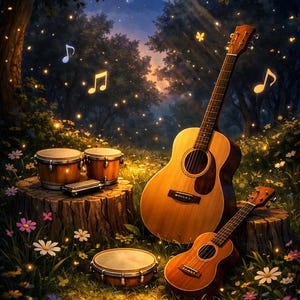 Pu&ograve; includere: Chitarre acustiche, un ukulele e tamburi poggiano su ceppi d'albero in una scena forestale stravagante. Note musicali fluttuano nell'aria, circondate da luci scintillanti e fiori colorati. Gli strumenti sono in legno.