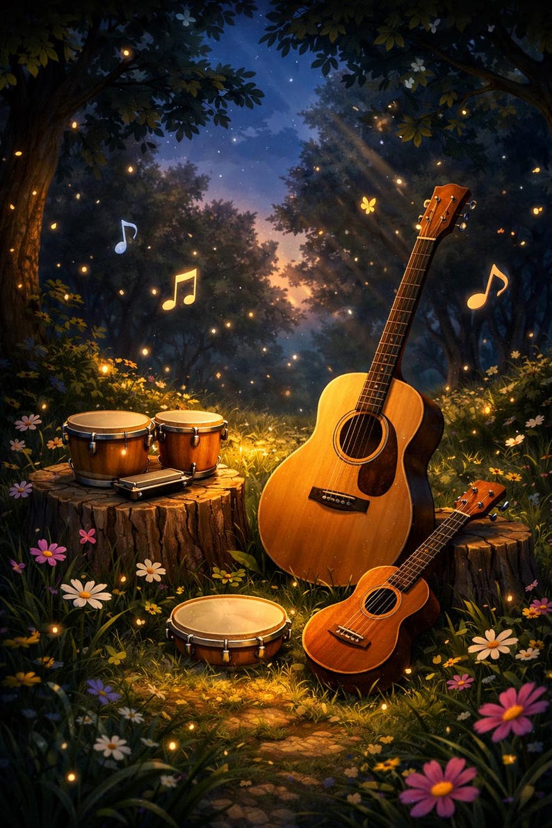 Pu&ograve; includere: Chitarre acustiche, un ukulele e tamburi poggiano su ceppi d'albero in una scena forestale stravagante. Note musicali fluttuano nell'aria, circondate da luci scintillanti e fiori colorati. Gli strumenti sono in legno.