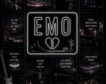 May include: A collection of black and white posters with emo-themed quotes and imagery. A central neon sign spells "EMO" with a broken heart graphic. The scene includes a guitar, speakers, and a book with the text "I WROTE THIS SONG ABOUT YOU."