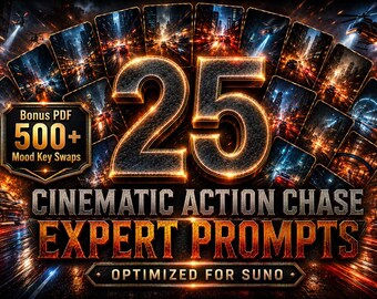 May include: An image with a cinematic theme, featuring the number "25" in a glowing, metallic font. The text reads "CINEMATIC ACTION CHASE EXPERT PROMPTS" and "OPTIMIZED FOR SUNO". Includes a "Bonus PDF" with "500+ Mood Key Swaps".