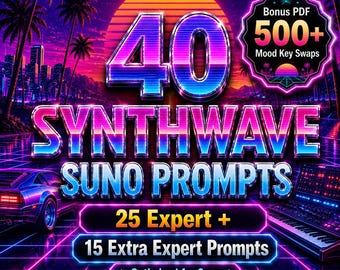 May include: A vibrant digital graphic with a retro synthwave theme. The image features the number "40" in a chrome-like font, with the words "SYNTHWAVE SUNO PROMPTS". Additional text includes "25 Expert + 15 Extra Expert Prompts" and "Optimized for Suno".