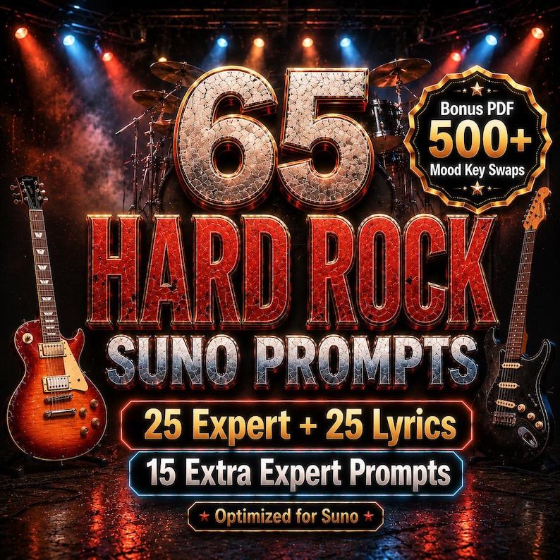 Hard Rock Suno Prompts | 65 Expert, Lyrics, Rare Mood + 500 Key Swaps (Digital Download) image 1
