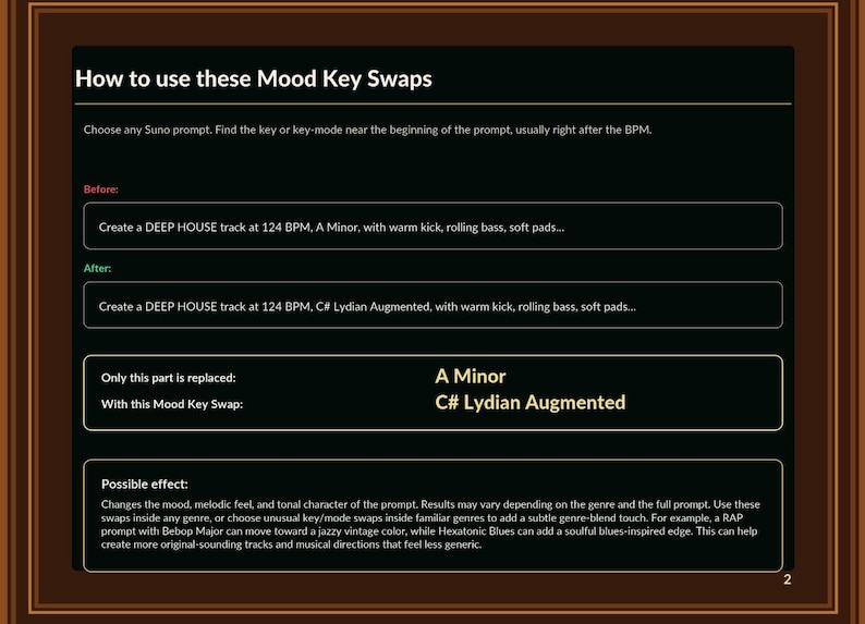 Puede incluir: Un gr&aacute;fico instructivo titulado How to use these Mood Key Swaps, que presenta cuadros de texto que demuestran una modificaci&oacute;n de prompt musical de A Minor a C# Lydian Augmented, con una secci&oacute;n que explica el efecto.