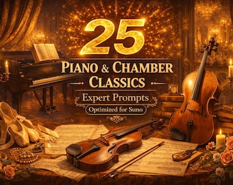 May include: An artistic image featuring a piano, violins, sheet music, and candles. The text reads "25 Piano & Chamber Classics" and "Expert Prompts". The scene is warm and inviting, with a focus on classical music.