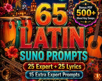 May include: A vibrant graphic promoting "65 Latin Suno Prompts" with musical instruments like conga drums, a trumpet, and a guitar. The design features the text "25 Expert + 25 Lyrics" and "15 Extra Expert Prompts", with a bonus PDF offer.
