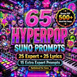 May include: A vibrant digital graphic with the text "65 HYPERPOP SUNO PROMPTS" in large, colorful letters. Additional text includes "25 Expert + 25 Lyrics" and "15 Extra Expert Prompts." The image has a neon, futuristic aesthetic with musical elements.