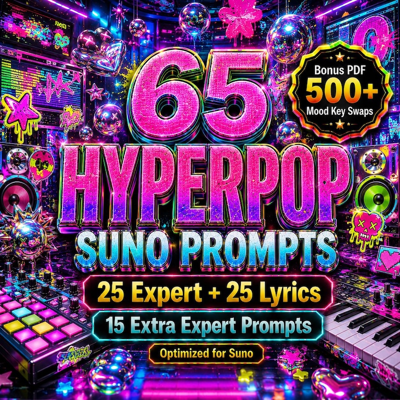 May include: A vibrant digital graphic with the text "65 HYPERPOP SUNO PROMPTS" in large, colorful letters. Additional text includes "25 Expert + 25 Lyrics" and "15 Extra Expert Prompts." The image has a neon, futuristic aesthetic with musical elements.