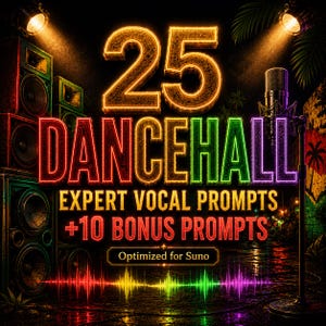 May include: A promotional graphic for a music product. The image features the text "25 DANCEHALL EXPERT VOCAL PROMPTS +10 BONUS PROMPTS" in neon colors. A microphone and speakers are visible, with a sound wave graphic at the bottom.