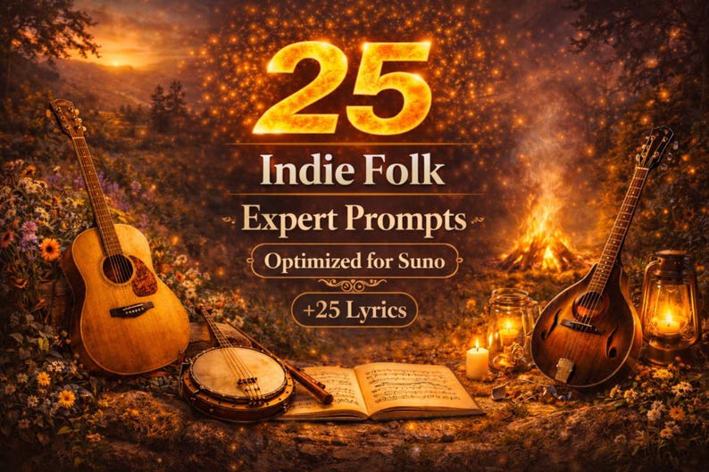 May include: An image with a warm, inviting scene featuring musical instruments and text. Two guitars, a banjo, and a mandolin are arranged around a campfire. The text reads "25 Indie Folk Expert Prompts Optimized for Suno +25 Lyrics."