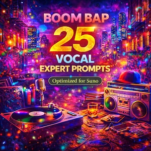 May include: A vibrant digital art piece featuring a cityscape backdrop with the words "BOOM BAP 25 VOCAL EXPERT PROMPTS." A turntable, microphone, and boombox are in the foreground, with a glass of amber liquid and a baseball cap.