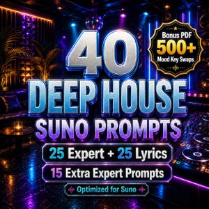 Deep House Suno Prompts | 40 Expert Tracks + 500 Mood Key Swaps (Digital Download)