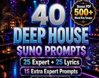 Deep House Suno Prompts | 40 Expert Tracks + 500 Mood Key Swaps (Digital Download)