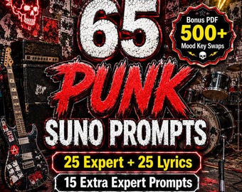 Pacchetto di prompt Punk Suno / 25 prompt esperti + 25 prompt basati su testi + 15 prompt esperti per stati d'animo rari e oltre 500 scambi di tonalità per stati d'animo in formato PDF