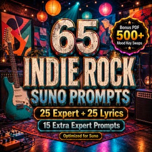 Pu&ograve; includere: Immagine promozionale per "65 Indie Rock Suno Prompts" con una chitarra elettrica turchese a sinistra. L'immagine presenta testo tra cui "Bonus PDF 500+ Mood Key Swaps", "25 Expert + 25 Lyrics" e "15 Extra Expert Prompts". Lo sfondo ha luci di scena e una batteria.