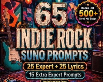 May include: A promotional image for "65 Indie Rock Suno Prompts" with a teal electric guitar on the left. The image features text including "Bonus PDF 500+ Mood Key Swaps", "25 Expert + 25 Lyrics", and "15 Extra Expert Prompts". The background has stage lighting and a drum set.