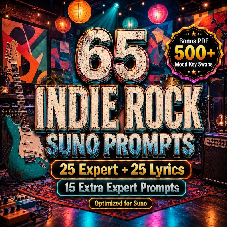 Pu&ograve; includere: Immagine promozionale per "65 Indie Rock Suno Prompts" con una chitarra elettrica turchese a sinistra. L'immagine presenta testo tra cui "Bonus PDF 500+ Mood Key Swaps", "25 Expert + 25 Lyrics" e "15 Extra Expert Prompts". Lo sfondo ha luci di scena e una batteria.