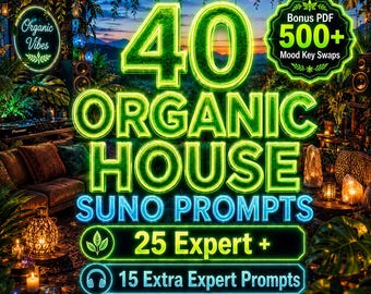 May include: A vibrant graphic promoting "40 Organic House Suno Prompts" with bonus PDF and over 500 mood key swaps. The design features neon green text and accents, with additional text indicating "25 Expert + 15 Extra Expert Prompts". The image is optimized for Suno.
