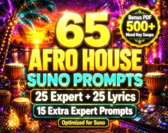 Pacchetto di prompt Afro House Suno / 25 prompt esperti + 25 prompt basati su testi + 15 prompt rari per atmosfere specifiche e oltre 500 scambi di tonalità per atmosfere in formato PDF