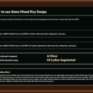 Pu&ograve; includere: Grafica verde scuro e nera con testo che spiega "Come usare questi Mood Key Swaps". Il testo fornisce istruzioni su come cambiare l'umore e la tonalit&agrave; di una traccia musicale, con esempi di scenari "Prima" e "Dopo".