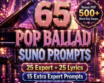 May include: A promotional graphic with the text "65 POP BALLAD SUNO PROMPTS." It includes the text "25 Expert + 25 Lyrics" and "15 Extra Expert Prompts." A bonus PDF with "500+ Mood Key Swaps" is also advertised. The background features a piano and microphone.