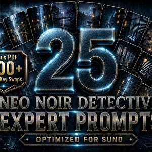 Może przedstawiać: Grafika cyfrowa promująca "25 Neo Noir Detective Expert Prompts", zoptymalizowana dla Suno. Obraz ma mroczną, dramatyczną estetykę z liczbą 25 w dużych, świecących niebieskich cyfrach. Zawiera bonusowy plik PDF z 500+ zamianami kluczy nastroju.