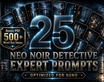 May include: Digital art promoting "25 Neo Noir Detective Expert Prompts," optimized for Suno. The image features a dramatic, dark aesthetic with the number 25 in large, glowing blue numerals. Includes a bonus PDF with 500+ mood key swaps.