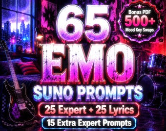 Pacchetto di prompt Emo Suno / 25 prompt esperti + 25 prompt basati su testi + 15 prompt rari per stati d'animo + PDF con oltre 500 scambi di tonalità per stati d'animo