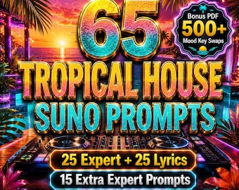 Pacchetto di prompt di Tropical House Suno / 25 prompt esperti + 25 prompt basati sui testi + 15 prompt rari per atmosfere specifiche e oltre 500 scambi di tonalità per atmosfere specifiche (PDF)
