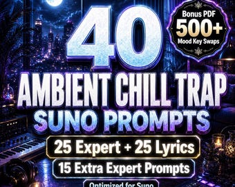 May include: A digital graphic featuring the text 40 AMBIENT CHILL TRAP SUNO PROMPTS, 25 Expert + 25 Lyrics, 15 Extra Expert Prompts, Optimized for Suno, and Bonus PDF 500+ Mood Key Swaps. The background shows a music studio at night with a full moon.