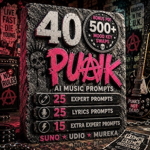 May include: A rectangular stone-textured plaque featuring the text 40 PUNK AI MUSIC PROMPTS in large white and pink lettering. It includes a circular badge stating BONUS PDF 500+ MOOD KEY SWAPS and lists 25 EXPERT PROMPTS, 25 LYRICS PROMPTS, and 15 EXTRA EXPERT PROMPTS.
