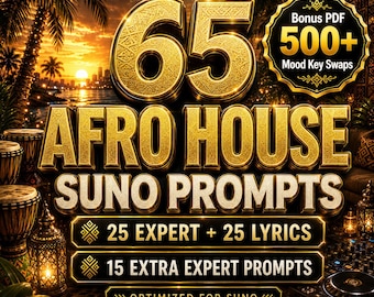 May include: A digital graphic featuring the gold text 65 AFRO HOUSE SUNO PROMPTS, 25 EXPERT + 25 LYRICS, 15 EXTRA EXPERT PROMPTS, OPTIMIZED FOR SUNO, and a badge stating Bonus PDF 500+ Mood Key Swaps, set against a sunset tropical background.