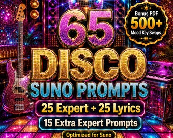 May include: A vibrant image promoting "65 Disco Suno Prompts" with a bonus PDF. The design features a disco ball, a bass guitar, and a keyboard, set against a colorful, illuminated dance floor. Text includes "25 Expert + 25 Lyrics" and "15 Extra Expert Prompts."