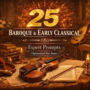 Op de afbeelding: Een klassiek gethematiseerde afbeelding met de tekst "25 Baroque & Early Classical Expert Prompts". Een viool, bladmuziek, kaarsen en een piano zijn zichtbaar, wat een vintage esthetiek creëert. De afbeelding is rijk aan warme tinten.
