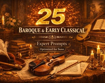 May include: An artistic image with a classical theme. The text reads "25 Baroque & Early Classical Expert Prompts". A violin, sheet music, candles, and a piano are visible, creating a vintage aesthetic. The image is rich in warm tones.