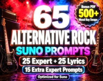 Pacchetto di prompt di Suno per il rock alternativo / 25 prompt esperti + 25 prompt basati sui testi + 15 prompt esperti per atmosfere rare e oltre 500 scambi di tonalità per atmosfere in formato PDF