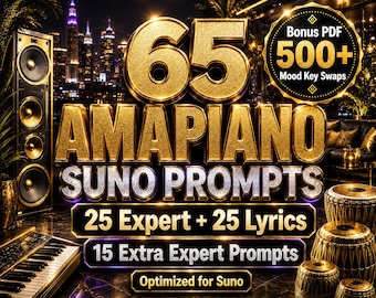 May include: A digital graphic featuring the gold text 65 AMAPIANO SUNO PROMPTS, with sub-text 25 Expert + 25 Lyrics and 15 Extra Expert Prompts. A circular badge reads Bonus PDF 500+ Mood Key Swaps. The scene includes a speaker, keyboard, and drums.