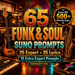 Może przedstawiać: Obraz promocyjny produktu muzycznego z tekstem "65 Funk & Soul Suno Prompts". Obraz zawiera gitarę basową, saksofon i klawiaturę. Reklamowany jest bonusowy plik PDF z ponad 500 zamianami kluczy nastroju. Obecny jest również tekst "Zoptymalizowano dla Suno".