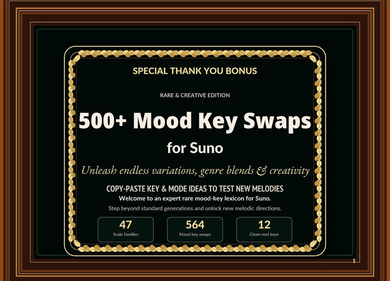 May include: A framed graphic with a black background and gold accents. The text reads "500+ Mood Key Swaps for Suno." It includes information on scale families, mood key swaps, and clean root keys. The frame is brown.