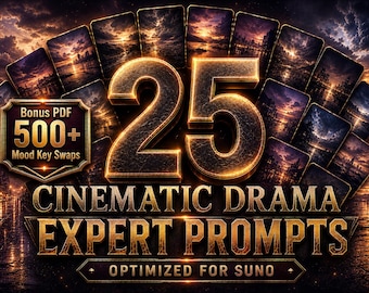 May include: An advertisement with a dramatic, cinematic theme. The number "25" is prominently displayed in gold, with the text "CINEMATIC DRAMA EXPERT PROMPTS" below. Includes "Bonus PDF 500+ Mood Key Swaps" and "Optimized for Suno".