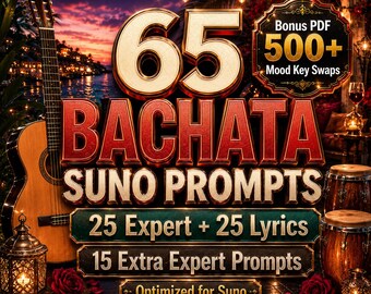 May include: A digital graphic featuring the text 65 BACHATA SUNO PROMPTS, 25 Expert + 25 Lyrics, 15 Extra Expert Prompts, and Optimized for Suno. The image includes a guitar, two drums, red roses, lanterns, and a sunset coastal background.