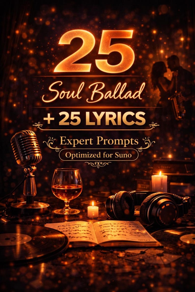 以下が含まれることがあります： 暖色系の画像で、「25 Soul Ballad + 25 LYRICS」と「Expert Prompts Optimized for Suno」の文字が表示されています。マイク、ワイングラス、ヘッドフォン、楽譜も表示されています。