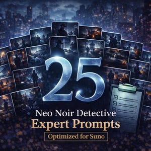 Detective Neo Noir: 25 indicaciones expertas de Suno (PDF) / Subtexto de cine negro, misterio criminal