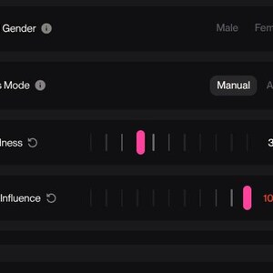 May include: A dark interface displays settings for vocal gender, lyrics mode, weirdness, and style influence. The style influence is set to 100%. The lyrics mode is set to manual. The weirdness is set to 32%.