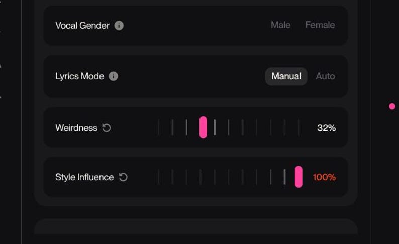 May include: A dark interface displays settings for vocal gender, lyrics mode, weirdness, and style influence. The style influence is set to 100%. The lyrics mode is set to manual. The weirdness is set to 32%.