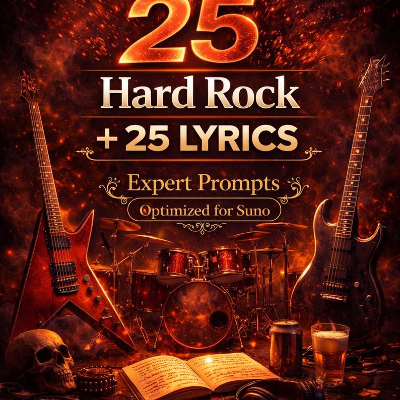 May include: A promotional image for hard rock music. The image features two electric guitars, a drum set, a skull, a book, and a glass of beer. Text includes "25 Hard Rock + 25 LYRICS" and "Expert Prompts Optimized for Suno". The background is a fiery orange.