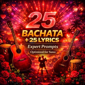 Peut inclure: Image avec le texte "25 BACHATA + 25 LYRICS" et "Expert Prompts". Deux guitares acoustiques encadrent une silhouette d'un couple dansant. Des roses rouges et des feux d'artifice cr&eacute;ent un fond romantique.