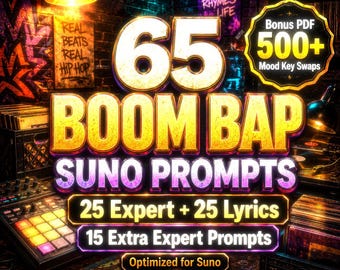 Pacchetto di prompt Boom Bap Suno / 25 prompt esperti + 25 prompt basati sui testi + 15 prompt rari per stati d'animo specifici e oltre 500 scambi di tonalità per stati d'animo in formato PDF